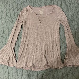 American Eagle mauve and white stripe flare sleeve